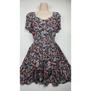 Wrangler Retro Womens Floral Mini Dress Red White Blue Smocked Waist Small